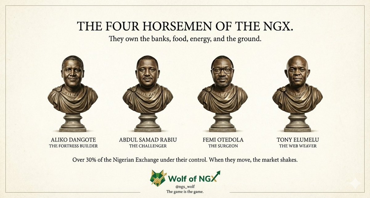ngx_wolf's tweet image. They own the banks. They own the food. They own the energy. They even own the ground you walk on. 

Just 4 men control over 30% of the entire Nigerian Exchange. When they move, the market shakes. When they whisper, portfolios bleed or bloom.

Starting on Monday, I’m breaking down…