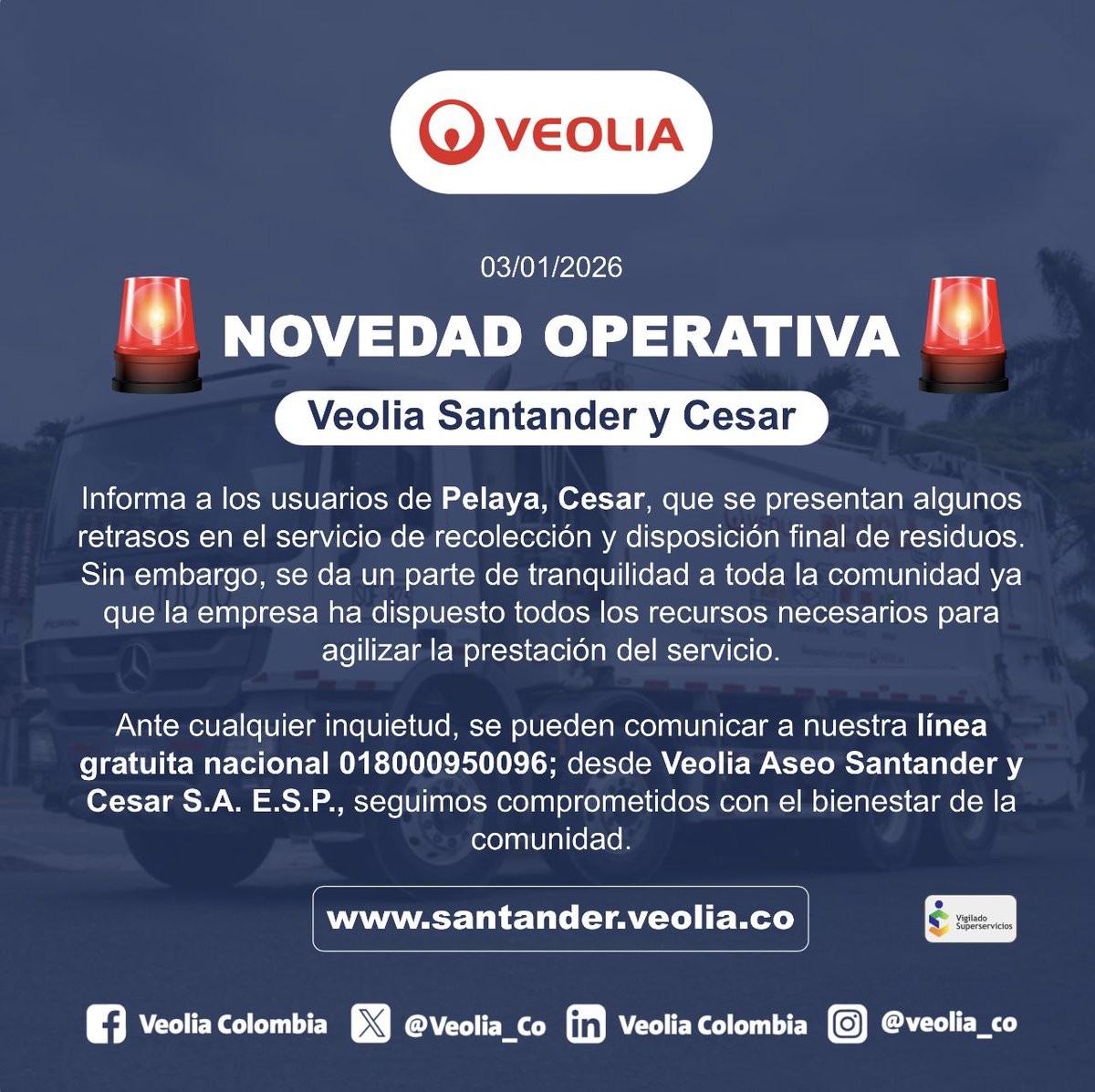 VeoliaSderCesar's tweet image. 🚨¡NOVEDAD OPERATIVA!🚨

A los usuarios de Pelaya, en #Cesar, informamos que se presentan novedades en la prestación del servicio de recolección de residuos. 

Agradecemos a la comunidad su comprensión y colaboración. Los detalles aquí👇🏼: