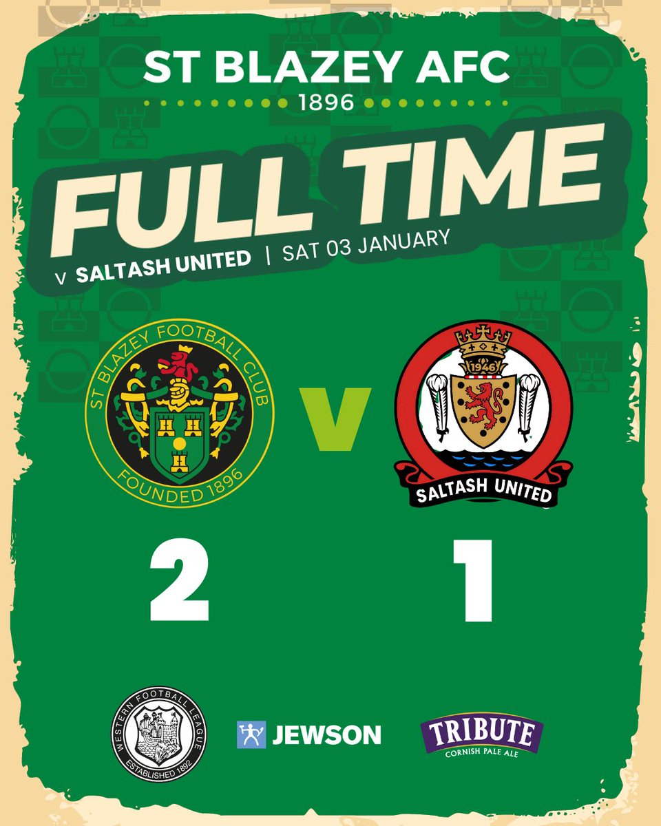 Full Time - 

Blazey 2 - 1 <a href="/saltashunited/">Saltash United</a> 

Back to back wins. Goals from Sam Clifton and Tyler Elliott proving to be enough. A fully deserved three points!

Attendance - 161

💚🖤