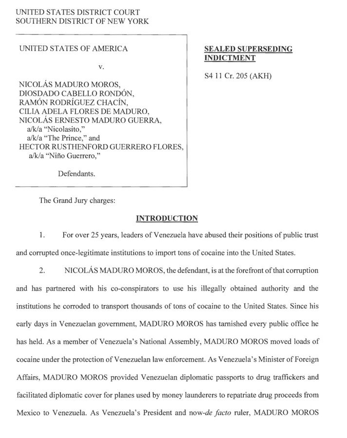 MarioNawfal's tweet image. 🚨🇺🇸🇻🇪 MADURO INDICTED: THE CARTEL-IN-CHIEF HAS BEEN EXPOSED

The DOJ just dropped the unsealed indictment, and it’s a full-blown cartel takedown.

Maduro, his wife Cilia, senior military leaders, and top regime figures are being charged with:

– Narco-terrorism conspiracy
–