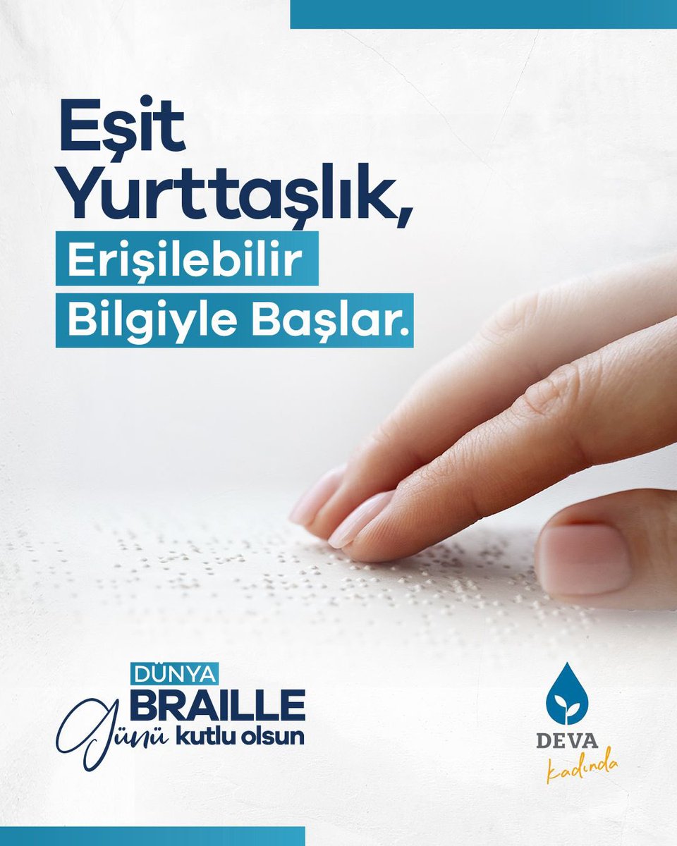 4 Ocak #BrailleGünü
Görme engelli bireyler için bilgiye erişim bir ayrıcalık değil, temel bir haktır.
Erişilebilirlik; eğitimde, kamuda ve dijital dünyada sosyal devletin sorumluluğudur..
#DevaKadın #GörmeEngelliler #yazı