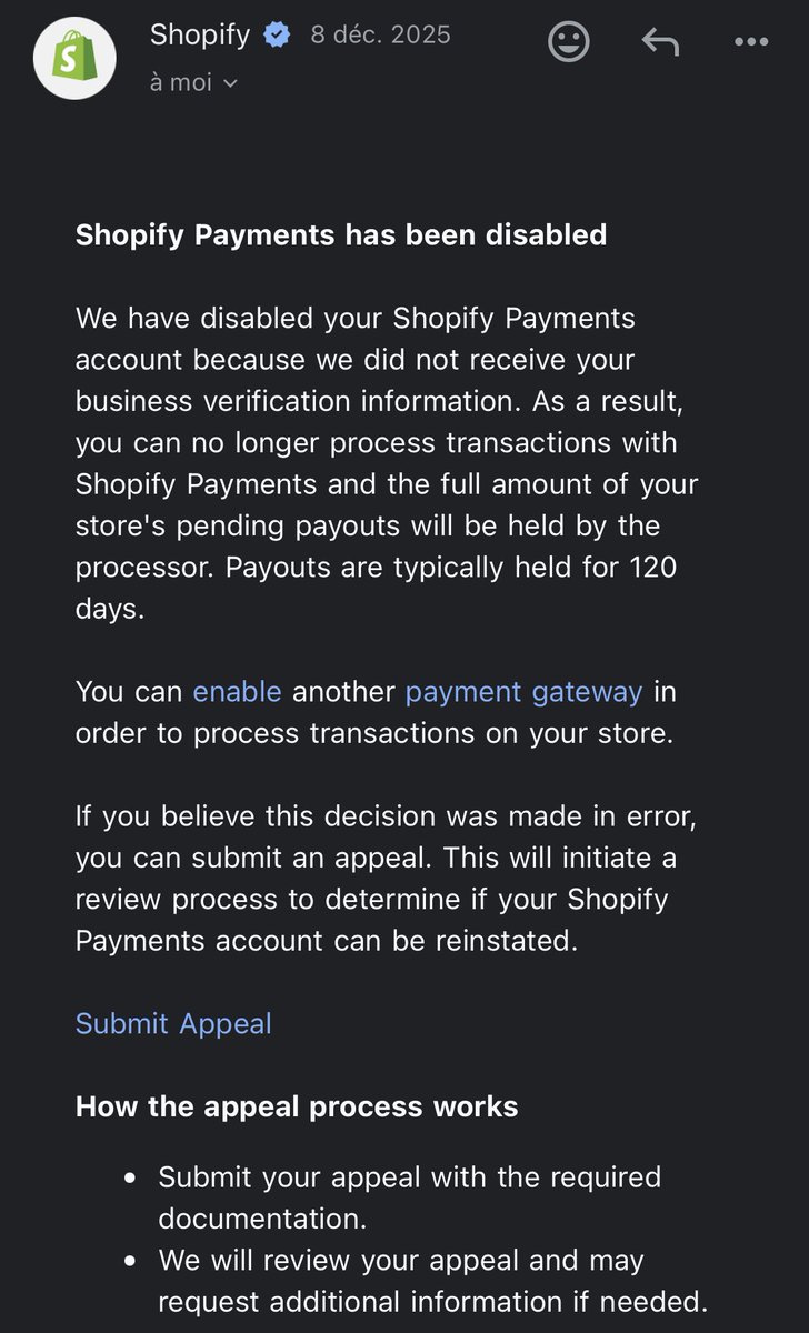 sansgtd's tweet photo. 🚨 @ShopifySupport @Shopify @harleyf

Account banned &amp; funds frozen for 120 days for "missing docs" but I sent them TWICE before the deadline.

I can’t pay Ads or fulfill orders anymore. This is a technical error killing my business. Fix this please! https://t.co/kxb69InM2k