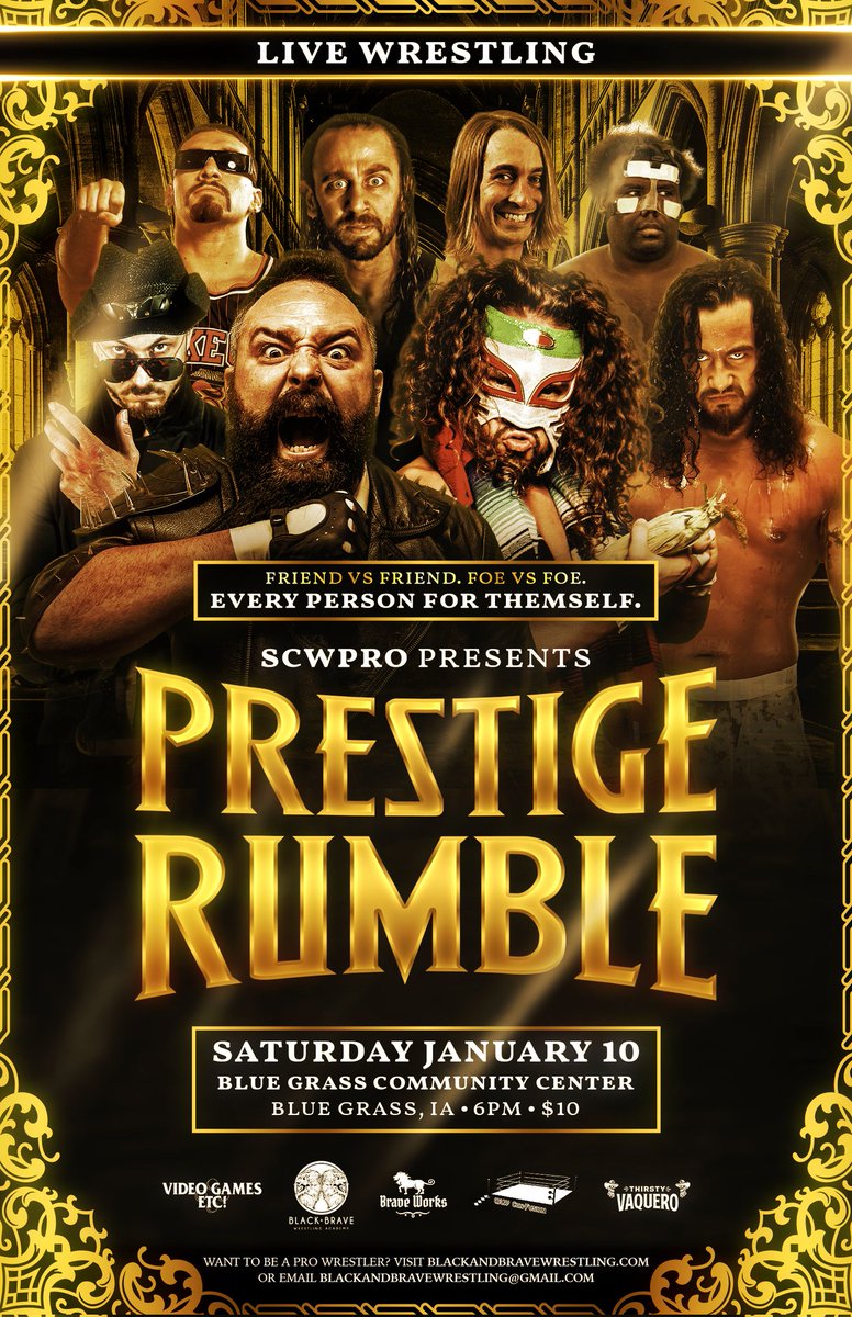 SCWPro's tweet image. We are just ONE WEEK away from our debut event of 2026, THE PRESTIGE RUMBLE!

It's going to be a night of shocks and surprises, so you better not miss a single second of the action!

🔹 6pm start
🔹 Tickets just $10

It all goes down at the BGCC on January 10th! Be there!