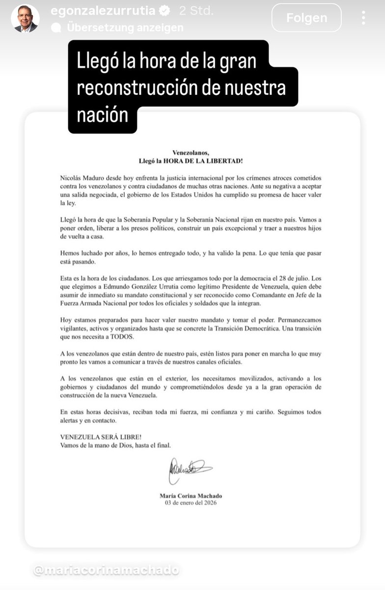 Der gewählte Präsident Venezuelas Edmundo González Urrutia billigt den Einsatz der USA zur Ergreifung von Maduro. Damit ist das Handeln der USA kein Völkerrechtsbruch.