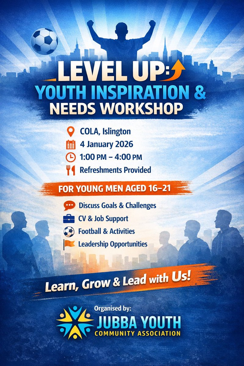 JubbaYouth's tweet photo. Level Up: Youth Inspiration &amp; Needs Workshop
📍 COLA, Islington | 📅 4 Jan 2026 | ⏰ 1–4pm
Supporting young men (16–21) with CVs, jobs, football &amp; leadership.
🍽 Refreshments provided
#LevelUp #YouthDevelopment https://t.co/tx2Cni2xHt