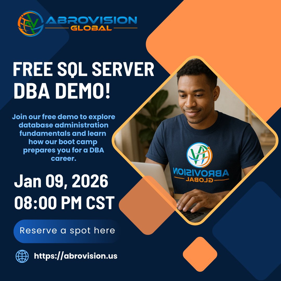 AbrovisionIT's tweet photo. Free SQL Server DBA Demo
Explore the DBA role, career opportunities, and how AbroVision prepares you with real-world, job-ready skills.
Learn from industry experts — free to attend.

📅 Jan 09, 2026
⏰ 08:00 PM CST
🔗 https://t.co/K93tB2nNFu https://t.co/DvjsvXRCzW