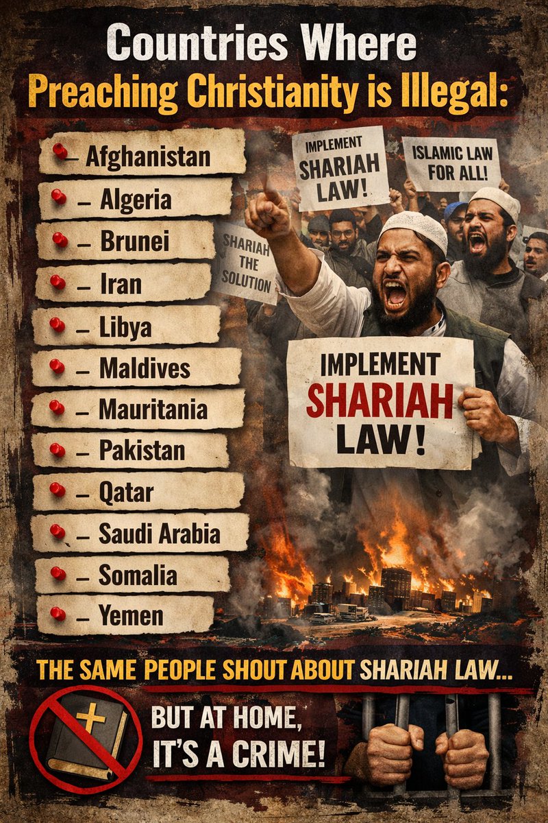 Here are Countries where preaching Christianity is illegal:

- Afghanistan
- Algeria
- Brunei
- Iran
- Libya
- Maldives
- Mauritania
- Pakistan
- Qatar
- Saudi Arabia
- Somalia
- Yemen

Funny thing, these are the same people who travel to other Muslim countries and start shouting