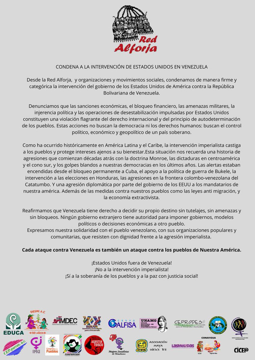 imdecac's tweet image. 🚨#PronunciamientoConjunto|Desde la Red Mesoamericana ALFORJA, de la que somos parte como @imdecac

🔴 CONDENAMOS LA INTERVENCIÓN DE ESTADOS UNIDOS EN VENEZUELA

¡Estados Unidos fuera de Venezuela! 
¡NO a la intervención imperialista!
¡SI a la soberanía de los pueblos y a LA PAZ!