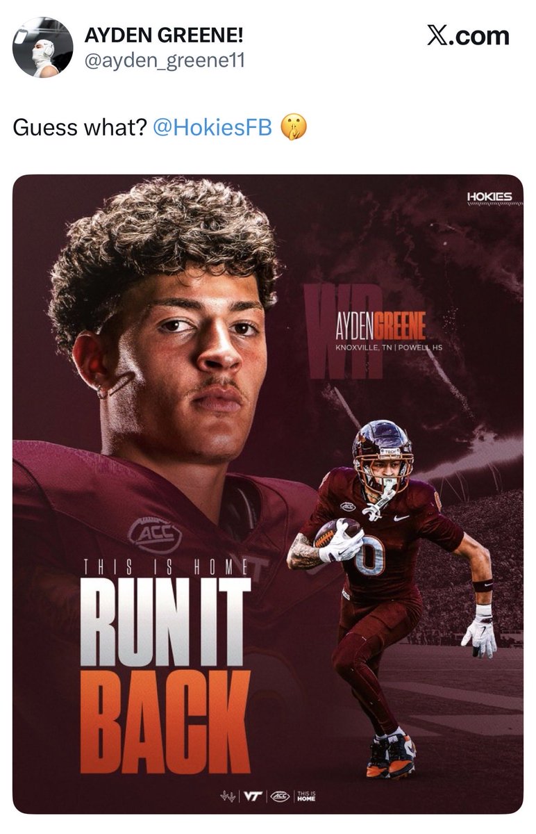 AndyBitterVT's tweet image. WR Ayden Greene is coming back to the #Hokies. A critical piece in the passing game.