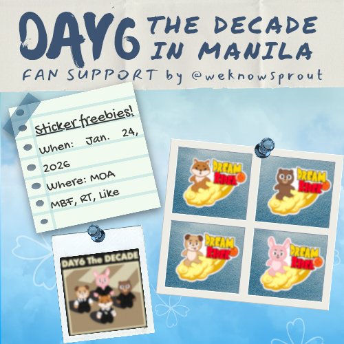 WeKnowSprout's tweet image. DAY6 THE DECADE IN MANILA

Fan support by @WeKnowSprout

Stickers!

🍀 like, rt, follow
🍀 strictly 1:1
🍀 open for trades
🍀 limited qty

#The_DECADE_MANILA #DAY6_10th_Anniversary_Tour #DAY6inManila
#TheDecadeInManila