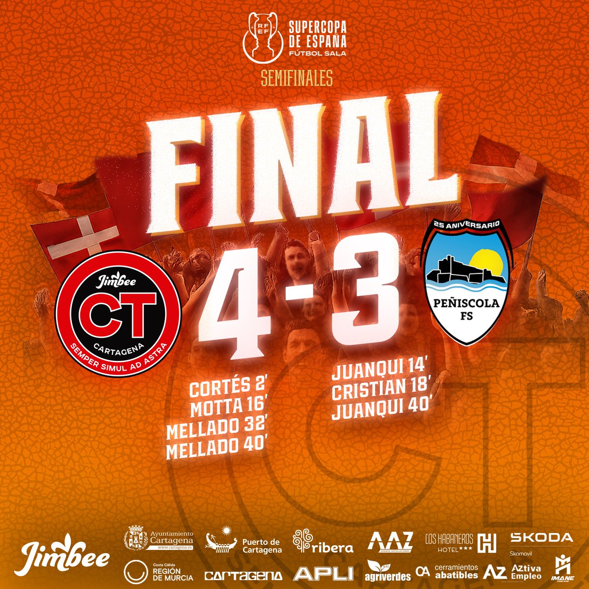 🔝🏆🇪🇸 - ⏱️ 40' | 4️⃣-3️⃣ | 🏁✅ ¡SIIIIIII! ¡FINAAAAAAL! ¡ESTAMOS EN LA FINAL DE LA SUPERCOPA DE ESPAÑA! ¡DE LOCOOOSSS!

¡TERCERA FINAL CONSECUTIVAAAA! ¡VAAAAMOS, FAMILIAAAAA!

❤️ ¡MUCHAS GRACIAS, AFICIÓN! 🤍

#JimbeePeñíscola #SupercopaFS