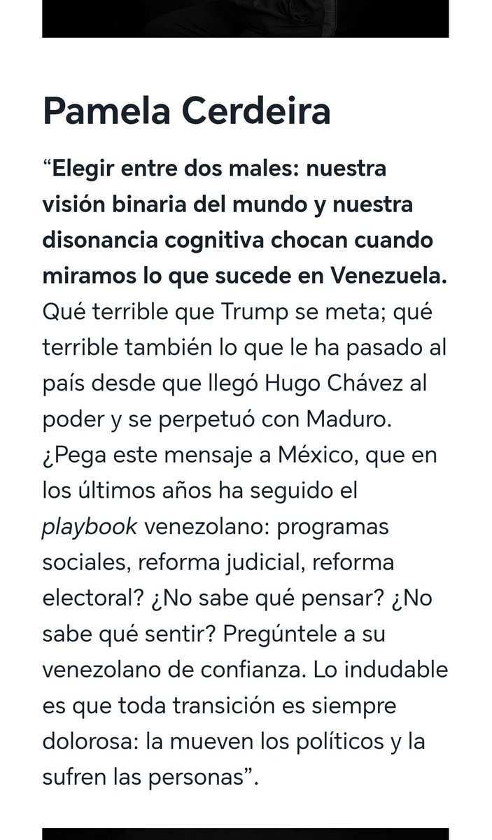 Suscribo cada palabra de <a href="/PamCerdeira/">Pamela Cerdeira</a> sobre lo que está pasando en Venezuela. 

Te comparto el link donde varias columnistas de <a href="/Opinion_51/">Opinión 51</a> han plasmado su lectura sobre la captura de Maduro y el escenario local e internacional. 

opinion51.com/email/fd1f6ea0…