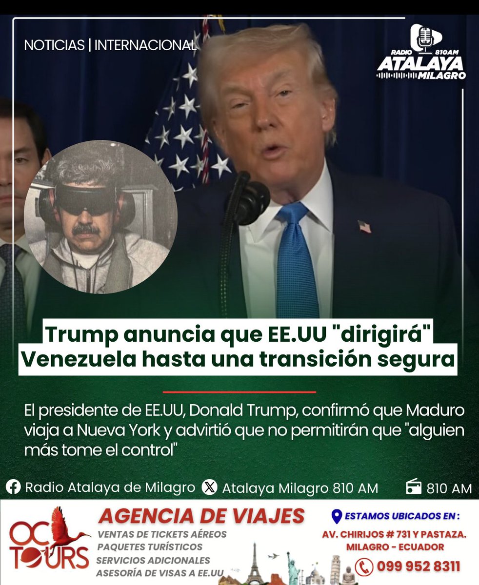 Radio_AtalayaMi's tweet photo. 🚨#URGENTE

Donald Trump afirmó que EE.UU quedará a cargo de Venezuela.

El presidente advirtió además que EE. UU. está listo para un segundo ataque si fuera necesario. Habló de una “segunda ola” de acciones en caso de que miembros del régimen intenten impedir la intervención. https://t.co/YlrV3XIU63