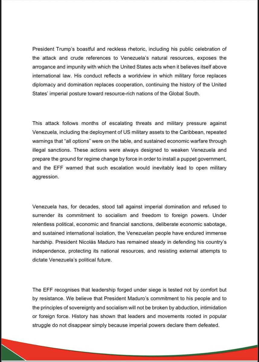 EFFSouthAfrica's tweet image. The EFF’s Statement on the United States of America’s Attack on Venezuela and Capture of President Nicolás Maduro

-President Trump’s boastful and reckless rhetoric, including his public celebration of the attack and crude references to Venezuela’s natural resources, exposes the…