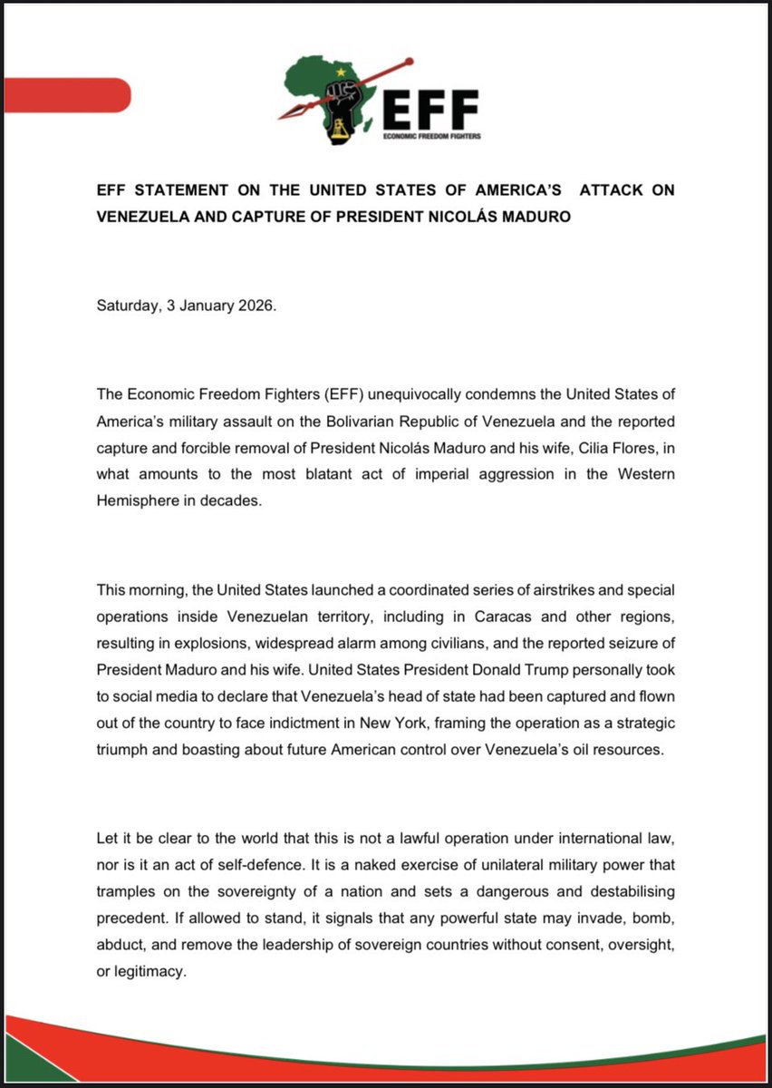 EFFSouthAfrica's tweet image. The EFF’s Statement on the United States of America’s Attack on Venezuela and Capture of President Nicolás Maduro

-President Trump’s boastful and reckless rhetoric, including his public celebration of the attack and crude references to Venezuela’s natural resources, exposes the…