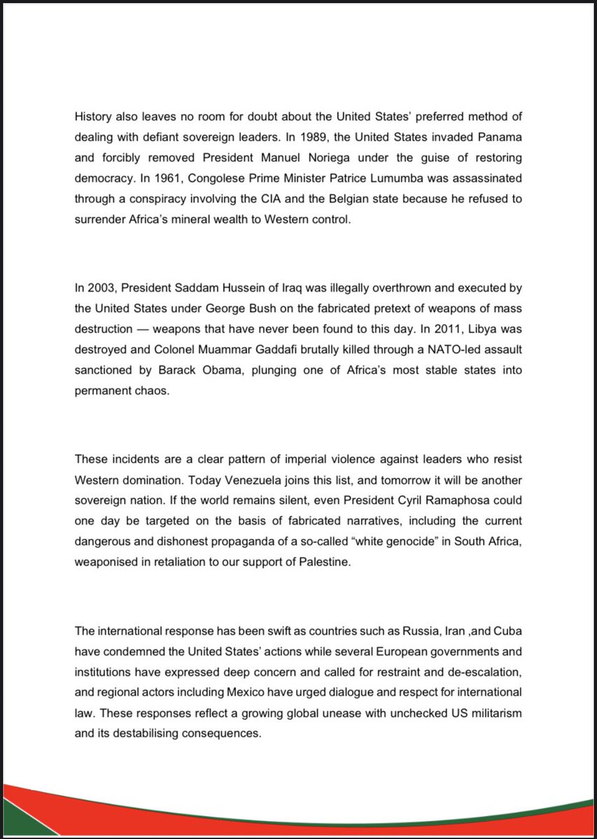 EFFSouthAfrica's tweet image. The EFF’s Statement on the United States of America’s Attack on Venezuela and Capture of President Nicolás Maduro

-President Trump’s boastful and reckless rhetoric, including his public celebration of the attack and crude references to Venezuela’s natural resources, exposes the…