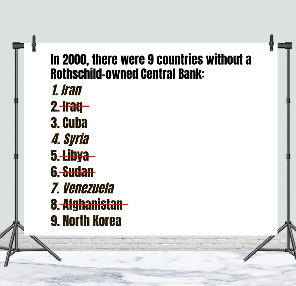 aldamu_jo's tweet image. In 2000, there were 9 countries without a Rothschild-owned central bank. 

Four have already been overthrown through regime changes based on lies like WMD. 

We’re currently in an Israeli proxy war with Iran &amp;amp; Syria and about to overthrow Maduro in Venezuela.