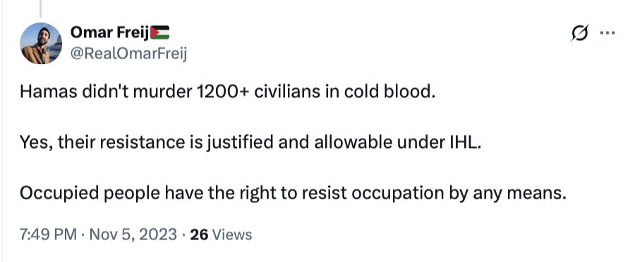 StopAntisemites's tweet image. Omar Freij - a sourcing manager with @Ally - is a vile rape denier and justifies the atrocities of Hamas as resistance.

Omar also claims Zionism (the Jewish right to self determination) was started by Nazi collaborators.

Imagine being a Jewish coworker of this monster's.