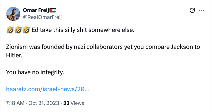 StopAntisemites's tweet image. Omar Freij - a sourcing manager with @Ally - is a vile rape denier and justifies the atrocities of Hamas as resistance.

Omar also claims Zionism (the Jewish right to self determination) was started by Nazi collaborators.

Imagine being a Jewish coworker of this monster's.