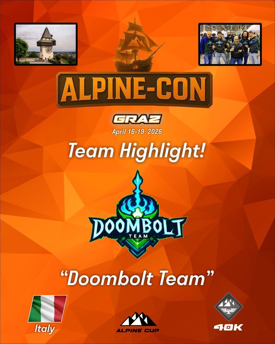 TheAlpineCup's tweet image. ⚡  Pronti a colpire dal cielo! 

Doombolt Team is coming to ALPINE-CON, the flagship event of Alpine Cup in Graz, Austria. ⛰️ 🔥 

Time to unleash the doombolts, smash the enemies of the Emperor, paint the tables red (with enemy blood, of course), and bring Italian fury!