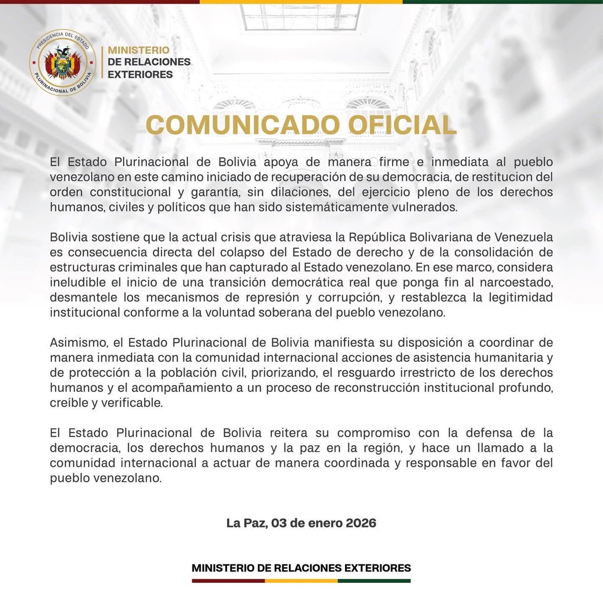 Venezuela merece democracia, instituciones legítimas y respeto pleno a los derechos humanos. Estamos del lado del pueblo venezolano, hoy y siempre.