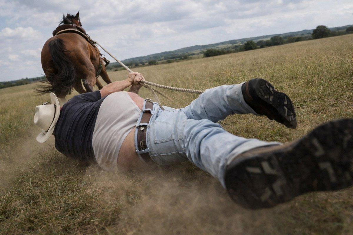 Instructor at a rodeo camp left red-faced after falling off of his horse. To add insult to injury, he also suffers an embarrassing wardrobe malfunction