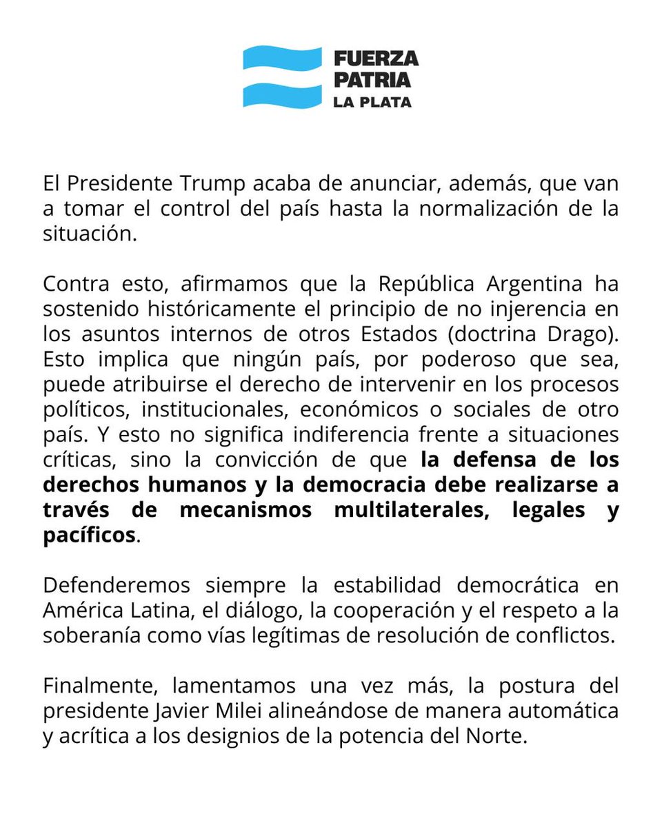 Comunicado del bloque de concejales y concejalas de Fuerza Patria de la ciudad de La Plata frente a los graves hechos en la República Bolivariana de Venezuela.