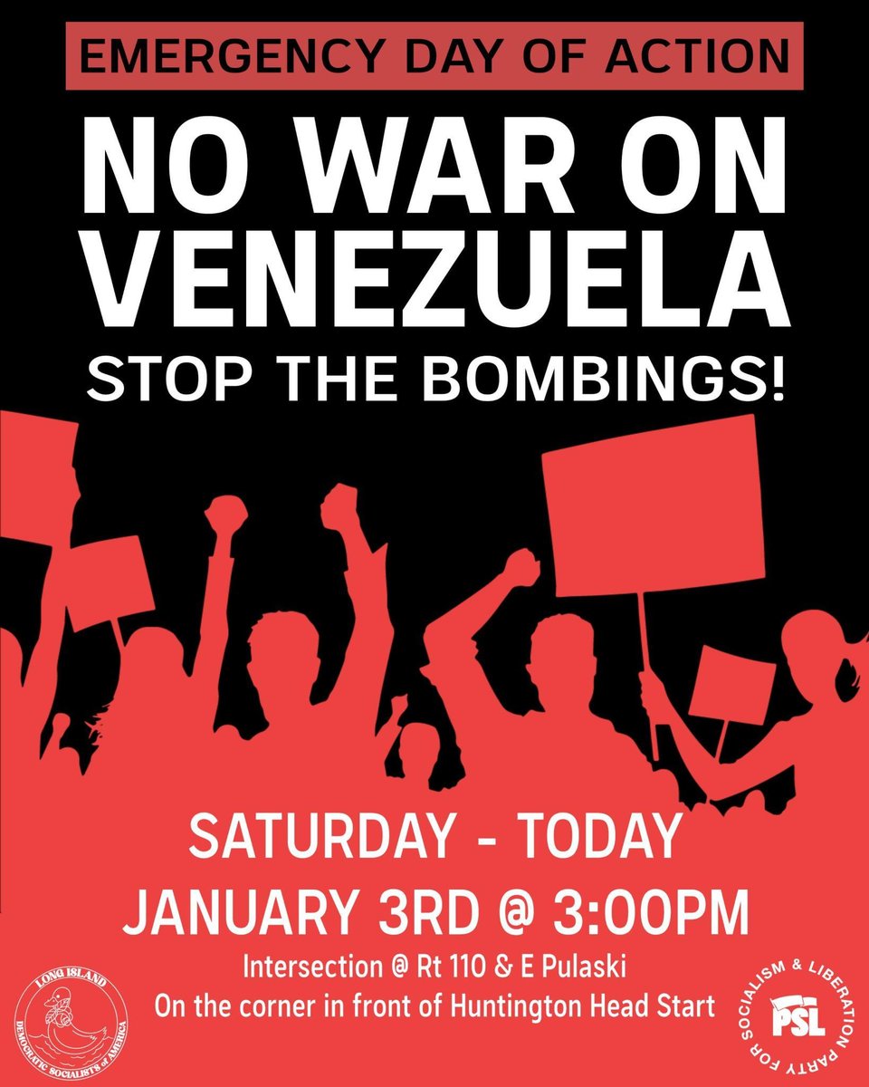 🗓️TODAY
⏰3 PM
📍E Pulaski and Rt 110, by Huntington Head Start

We call on all working people of Long Island to join us as we mobilize TODAY to demand: STOP THE BOMBINGS, NO BLOOD FOR OIL!