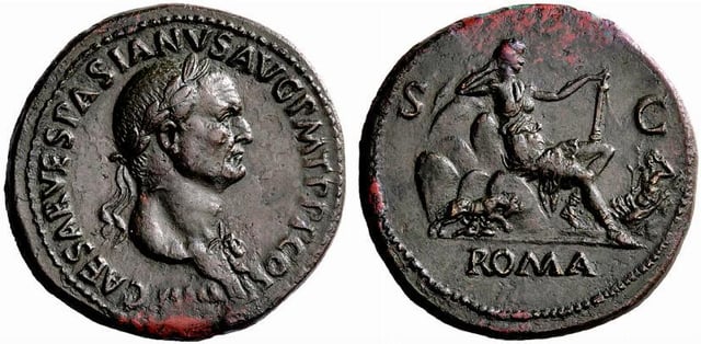 Obverse: Bust of Caesar Vespasian, destroyer of Jerusalem, acclaimed wonderworker and Son of God.

Reverse: The goddess Roma seated on seven hills with the Tiber river at her feet.

Preterists: "Probably nothing."