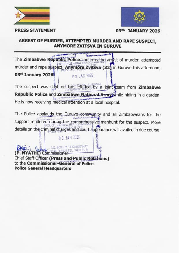 nickmangwana's tweet image. SUSPECTED BHINYA RABATWA

The Zimbabwe Republic Police confirms the arrest of murder, attempted murder and rape suspect, Anymore Zvitsva (32) in Guruve this afternoon,03 January 2026
The suspect was shot on the left leg by a joint team from Zimbabwe Republic Police and Zimbabwe
