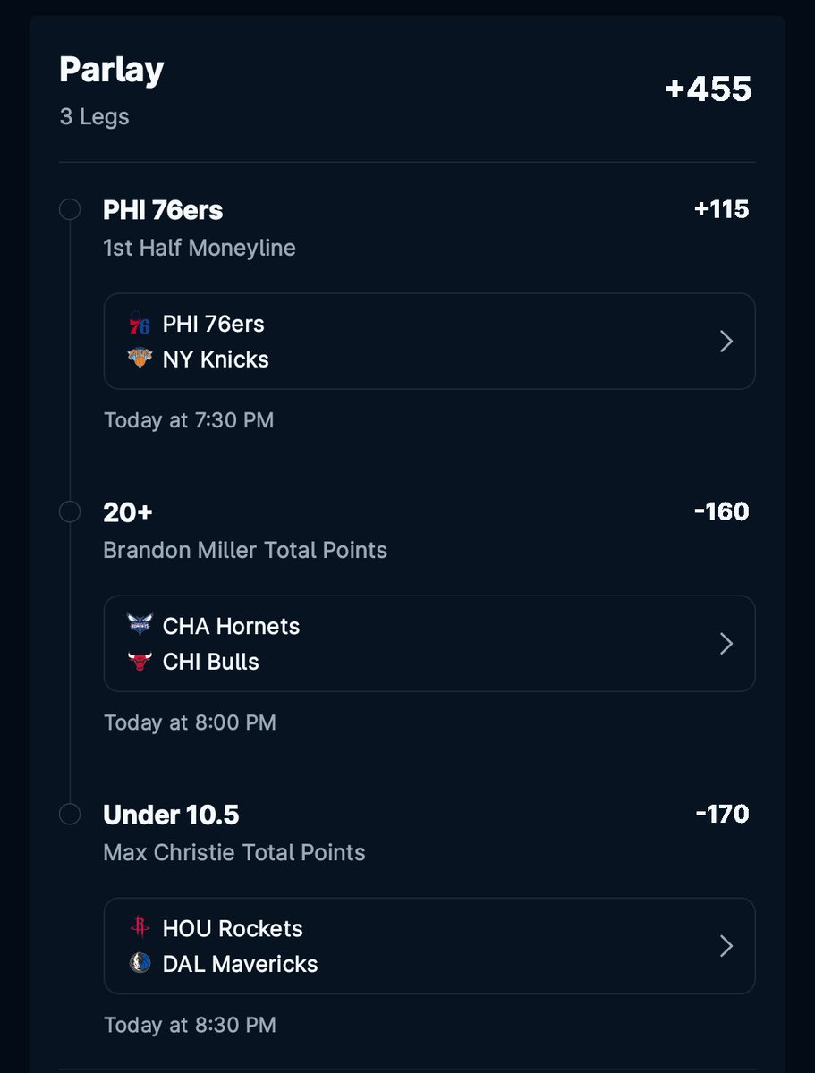 MoneylineGrind's tweet photo. 3- leg 
+455

Knicks on b2b, I think the sixers come out with some energy 

Miller = 30+ mins and 16+ FGA vs a high paced bulls team that doesn't defend forwards well

Max going up against the NBAs best defense vs PGs.... 6 points vs HOU last game https://t.co/XSy3jwz6VO