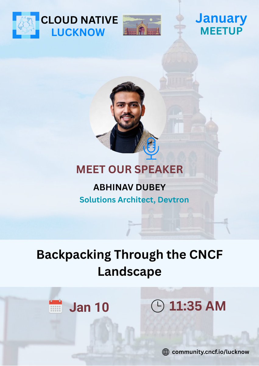 cncglucknow's tweet photo. 🚀Our second speaker is here!

🎙️ @abhinavd26
Solution Architect at(@DevtronLabs)

He’ll take us on a journey — Backpacking Through the CNCF Landscape — making the ecosystem easier to explore for beginners🌍

📅 Jan 10, 2026 | Virtual

#OpenSource #CNCF #CloudNative #Kubernetes https://t.co/IrKUz3pDb8
