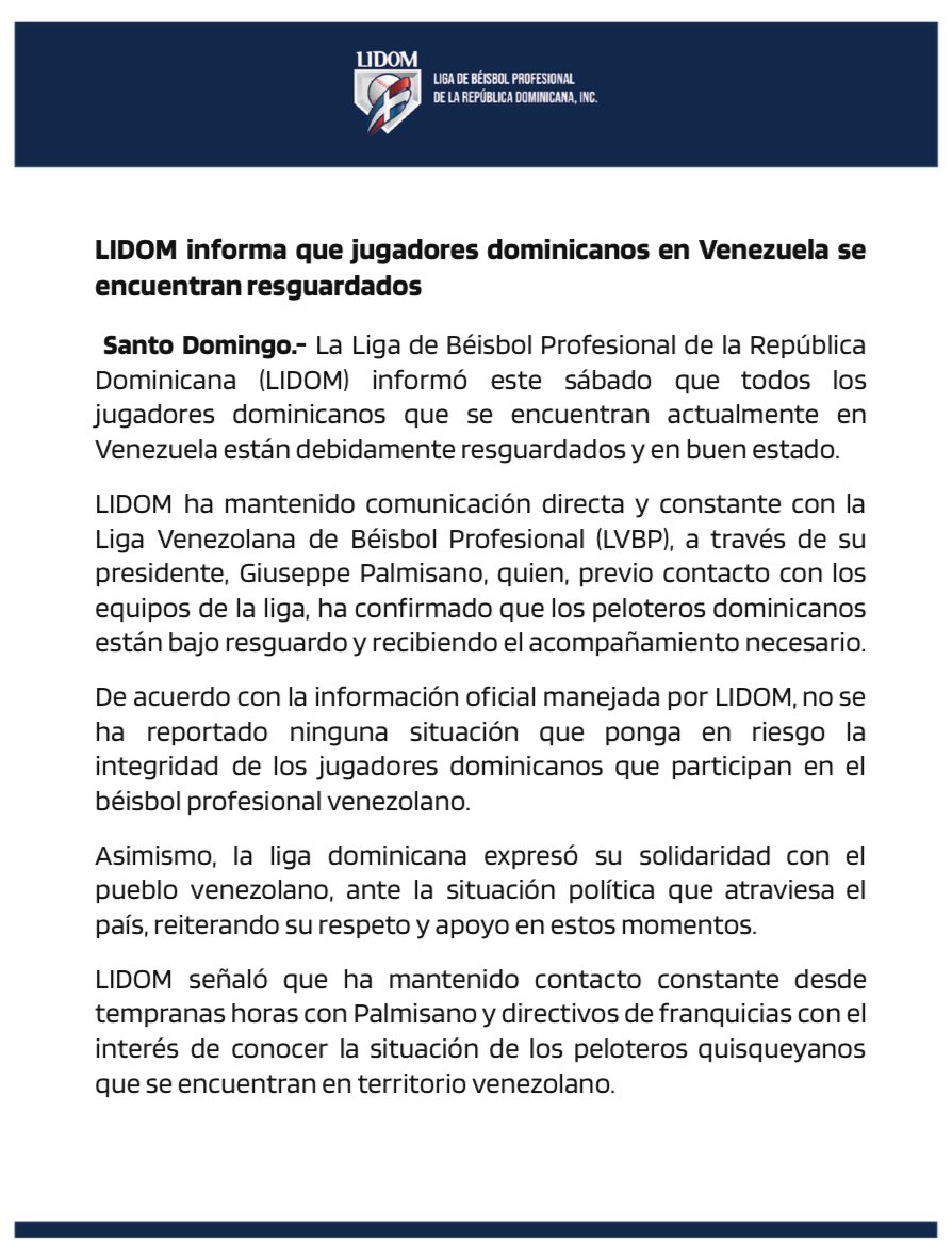 Informa Liga Dominicana que “están resguardados y en buen estado” los jugadores dominicanos en Venezuela.