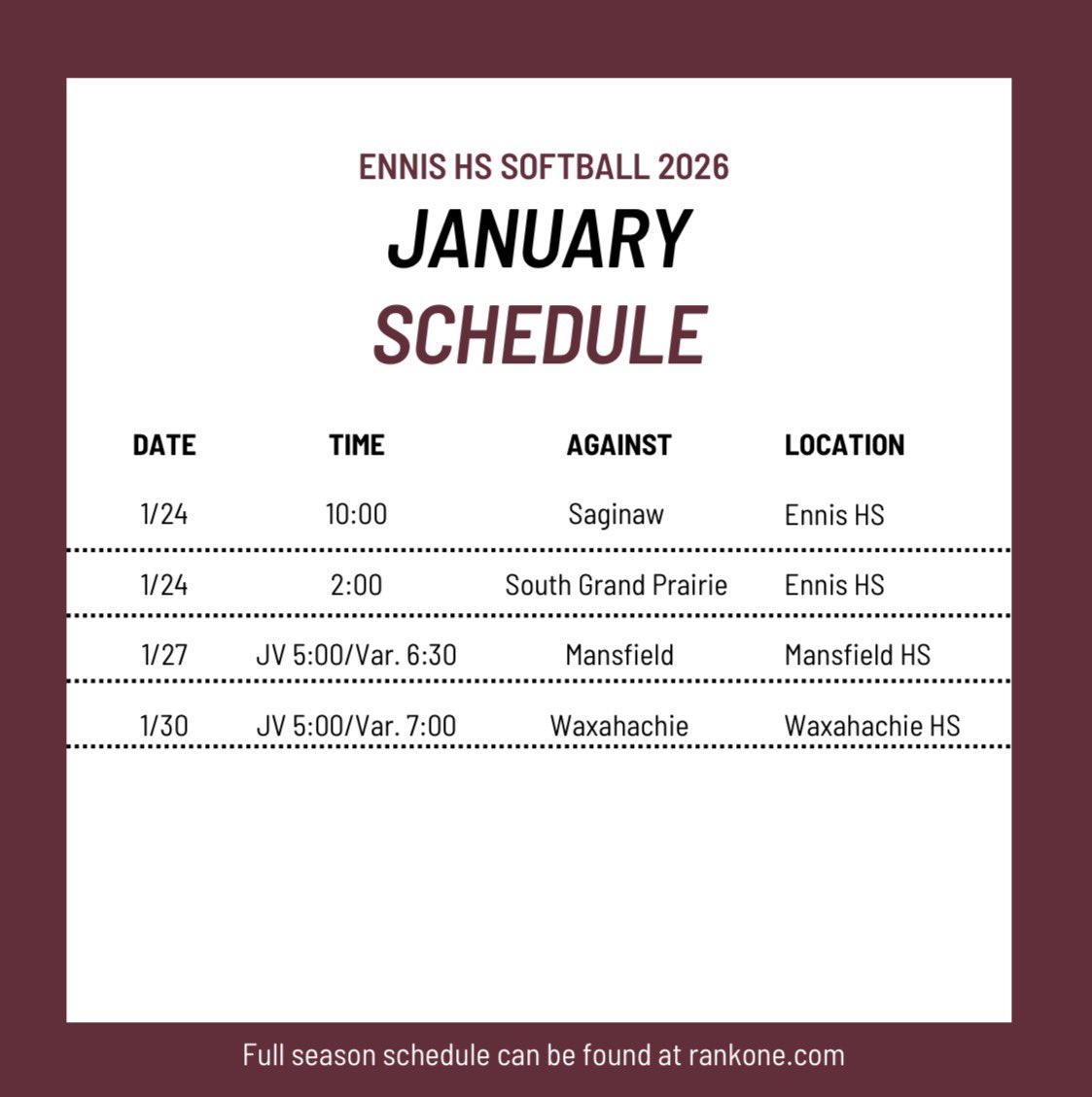 EnnisHSsoftball's tweet photo. January = THE START OF SOFTBALL SEASON!

Mark your calendars for the upcoming scrimmages this month 🗓️ https://t.co/aSRY1SkeoP