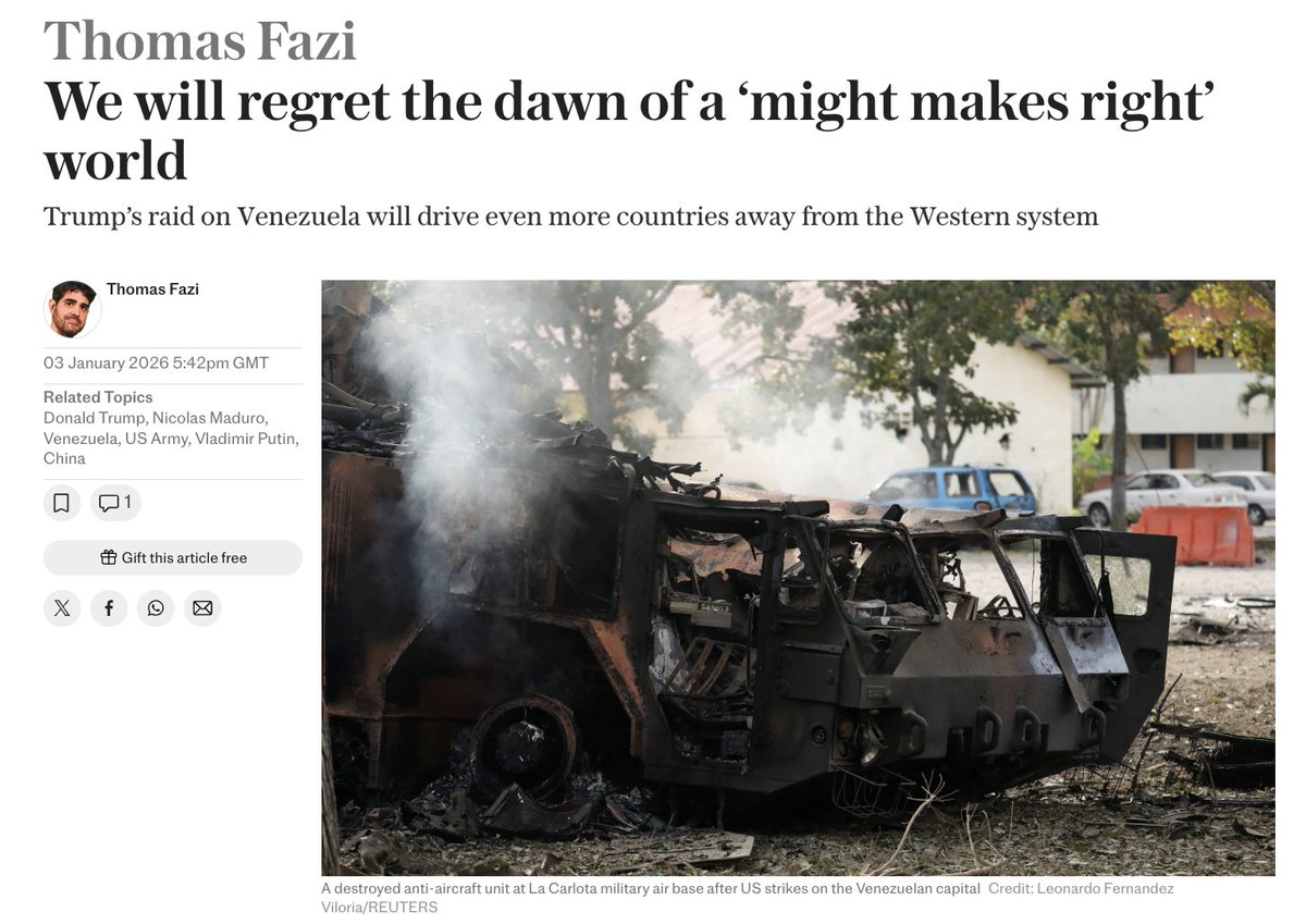 battleforeurope's tweet image. Very happy to debut in The Telegraph with this piece on Trump’s aggression against Venezuela!

“Once all the layers of propaganda are stripped away, this attack boils down to just one thing: a completely unprovoked and blatantly illegal act of aggression against a country that…