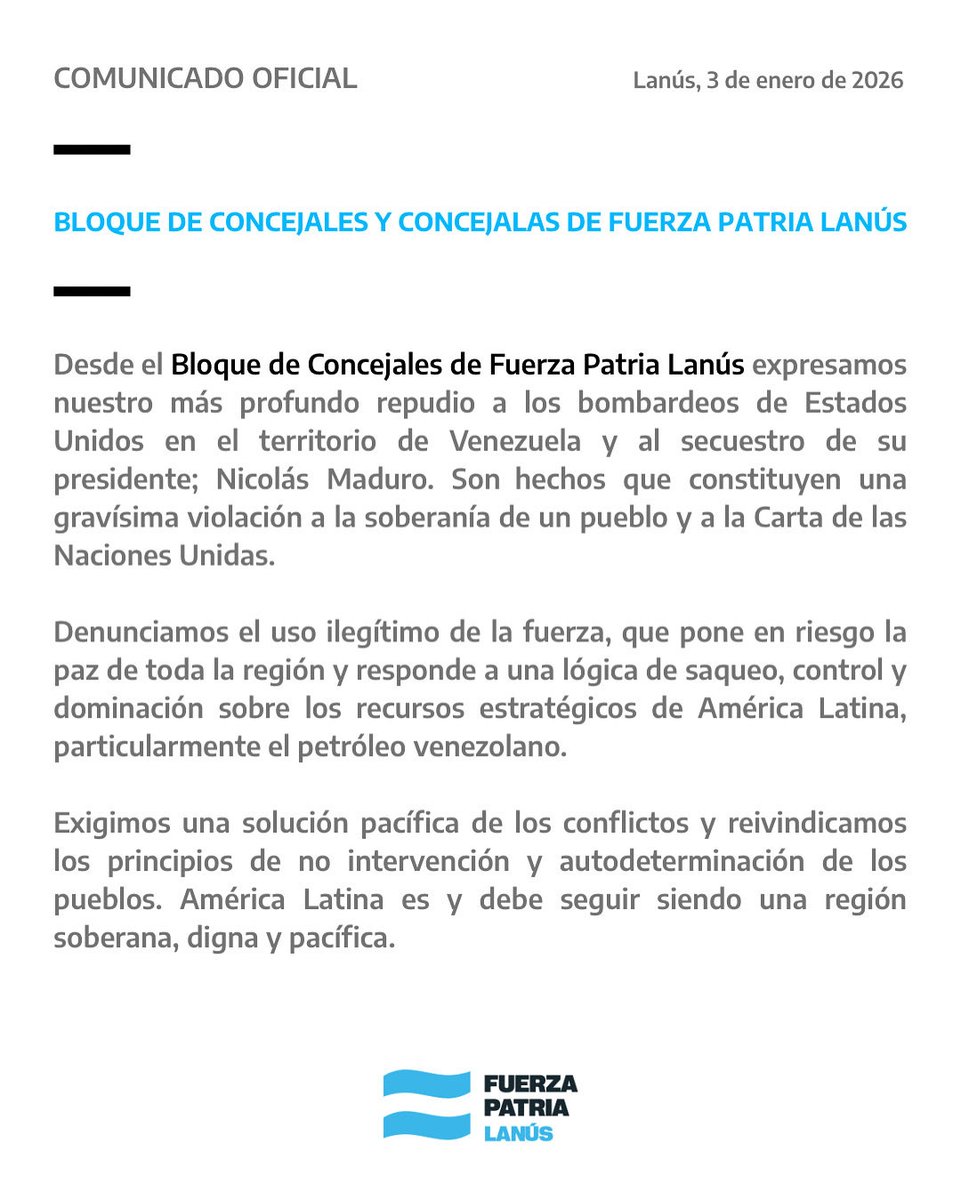 📢 COMUNICADO OFICIAL 

En repudio a los bombardeos de Estados Unidos en el territorio de Venezuela y al secuestro de su presidente; Nicolás Maduro.