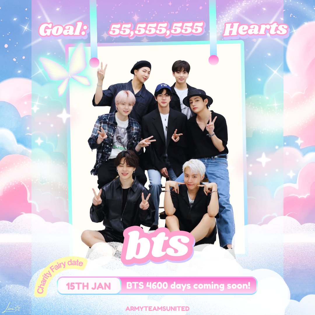 armyteamsunited's tweet photo. 4,600 days with @BTS_twt is coming soon! 💜

​📅 Date: Jan 15
🎯 Goal: 55,555,555 Hearts
🎁 Reward: ₩500k donation in BTS's name

Please save your Ever hearts for this special milestone 🗳️🔥
Let’s celebrate by making them a Charity Fairy on Choeaedol 🧚✨

#CHOEAEDOL #BTS https://t.co/aDifJM3aV1