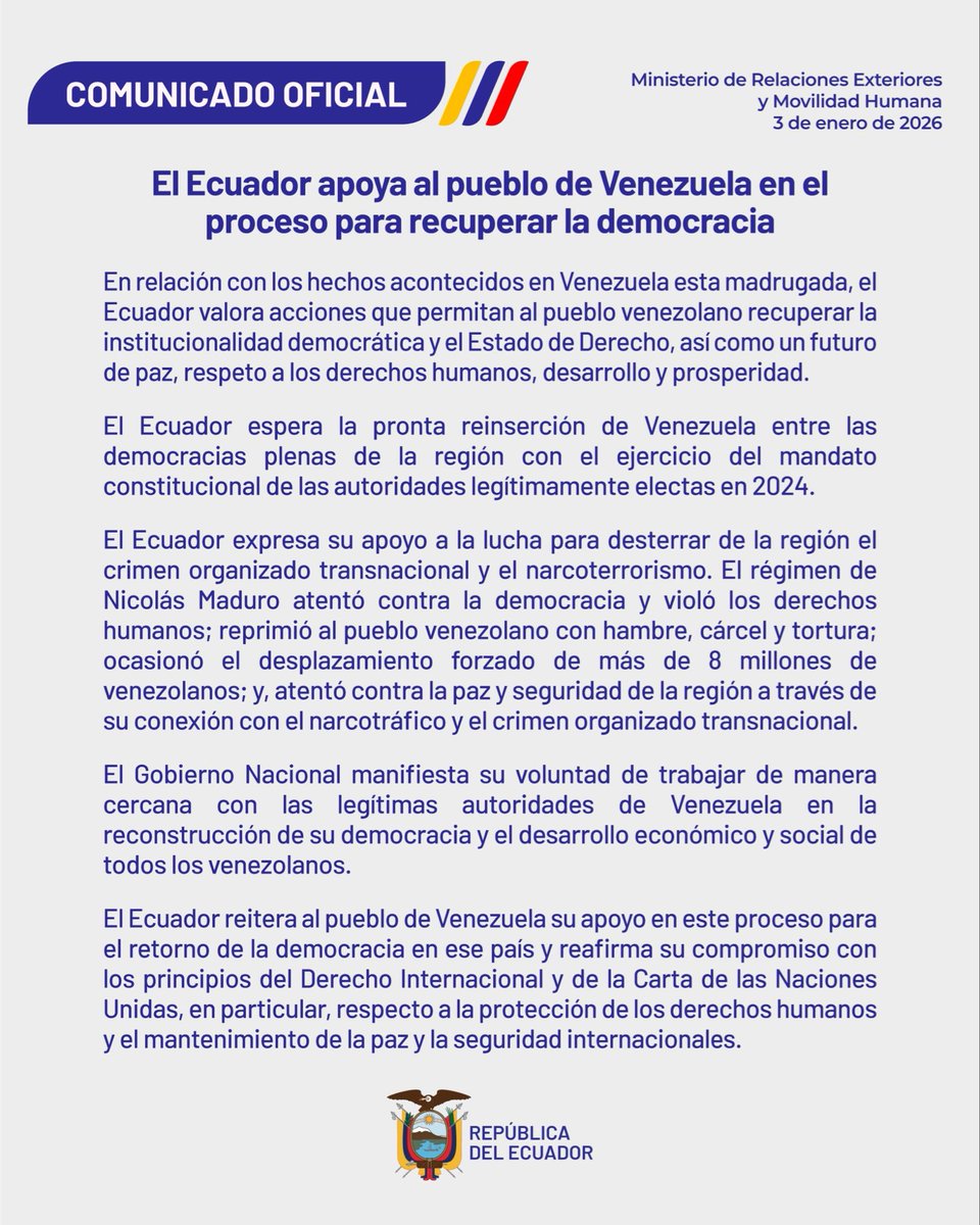La <a href="/CancilleriaEc/">Cancillería del Ecuador 🇪🇨</a> mediante comunicado informa. El Ecuador apoya al pueblo de Venezuela en el proceso para recuperar la democracia