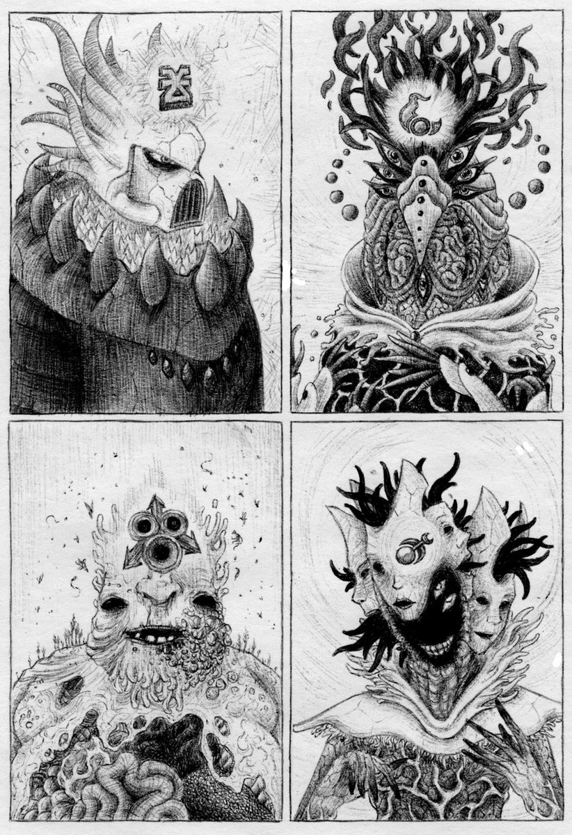 40kARTdotcom's tweet image. Khorne, Tzeentch, Nurgle, Slaanesh Chaos Gods Warhammer Art by Babel Bookworm