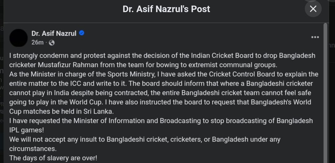 Bangladesh's Adviser to the Ministry of Youth &amp; Sports, Dr Asif Nazrul has asked BCB to write to ICC requesting their T20 World Cup matches to be moved to Sri Lanka.