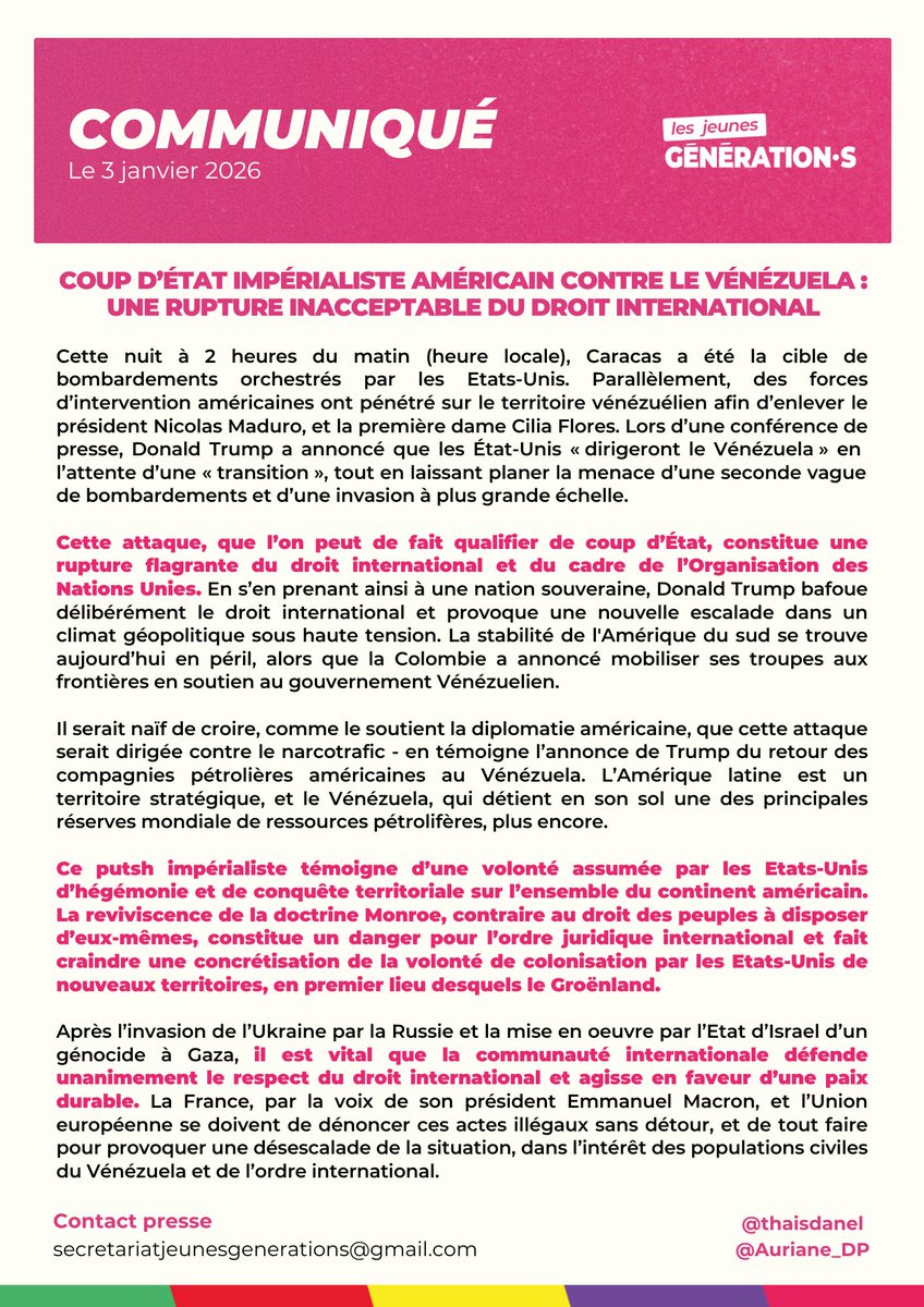 🔴 Communiqué des Jeunes Génération•s

Coup d'État impérialiste Américain contre le Vénézuela : une rupture inacceptable du Droit international.