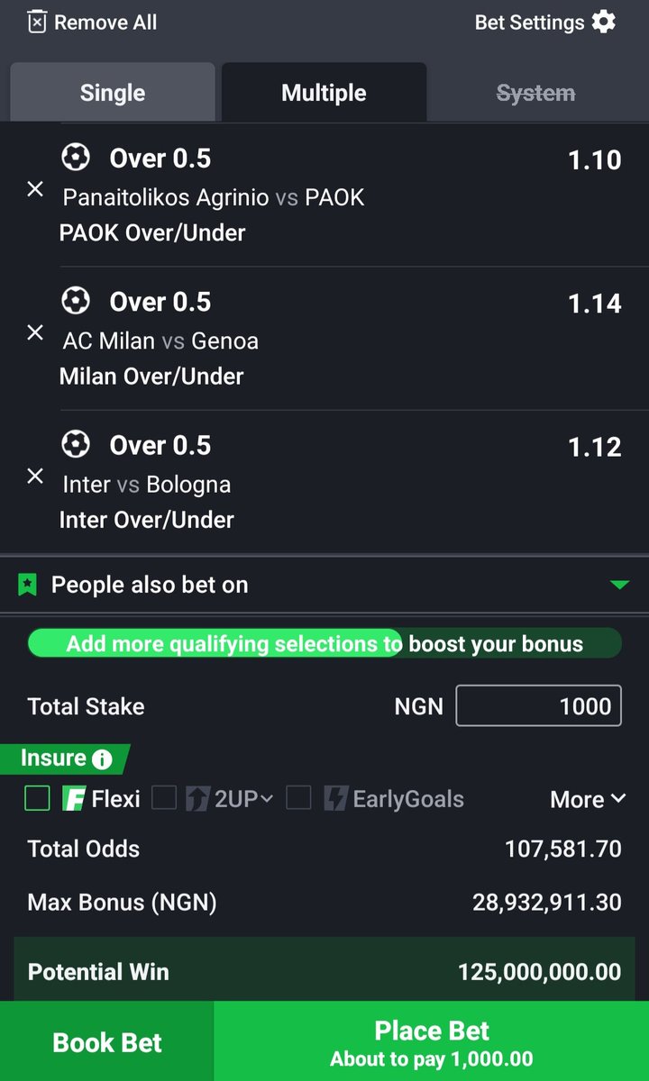 100K ODDS X N1K STAKE =N125M 
LET RUN THIS INDIVIDUAL H/A 1.5 &amp; 0.5 LONGSHOT GAMES.

GIVE MASSIVE REPOST &amp; DROPPING IT ASAP