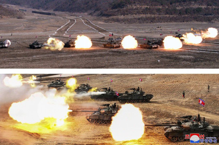 North Korean Chonma-216 tanks of the 105th Tank Division firing during an exercise, 13 March 2024.