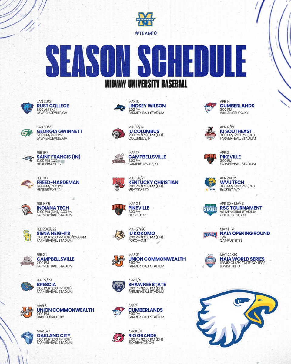 🚨 SCHEDULE DROP 🚨

Eagles open up on Jan. 30 vs. Rust College &amp; Georgia Gwinnett in Gwinnett, GA for a 4 game weekend set. 

Boys back on campus in a few days! #Team10 ready to rock 🎸

#ROOTS