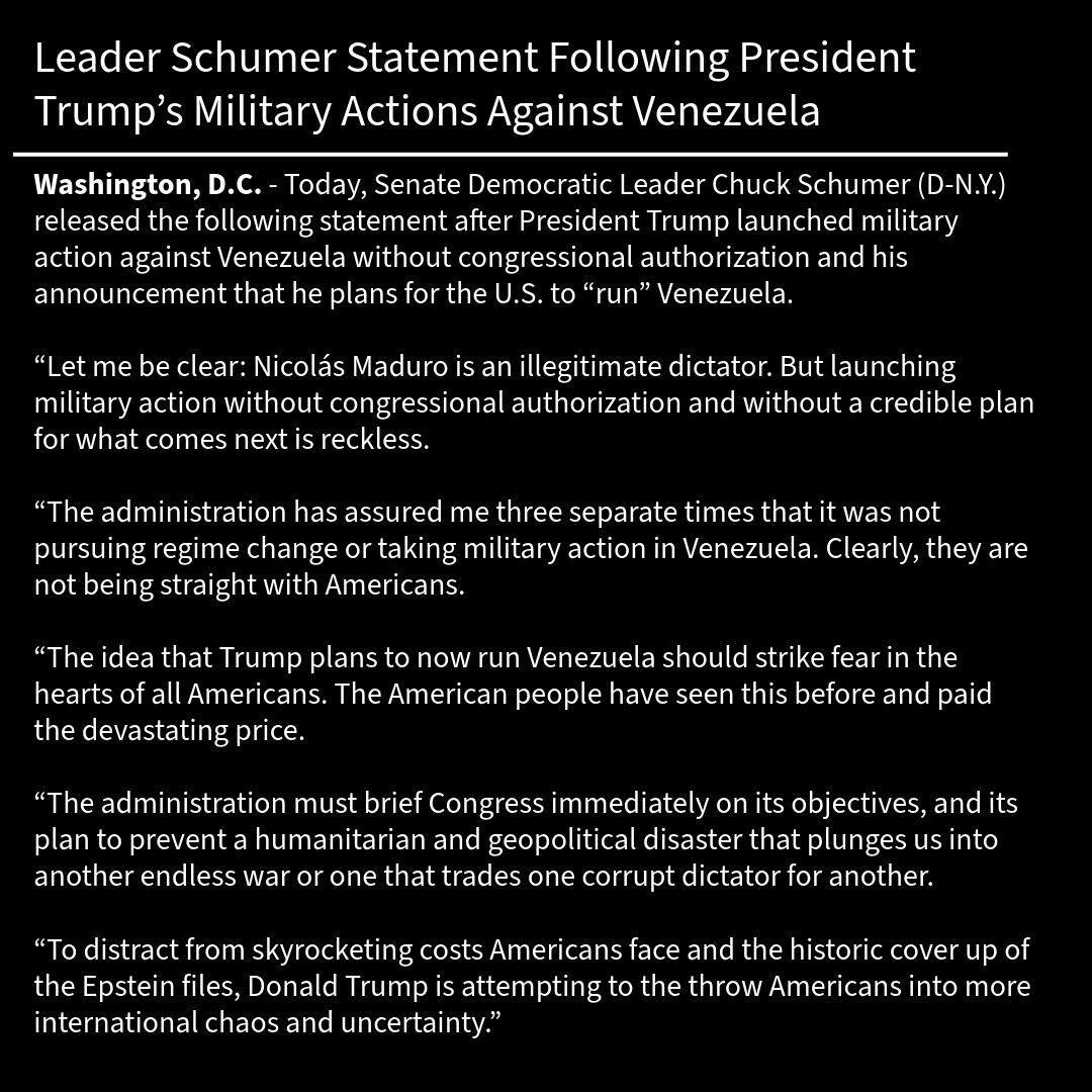 SenSchumer's tweet image. My full statement on the Trump Administration’s military actions in Venezuela: