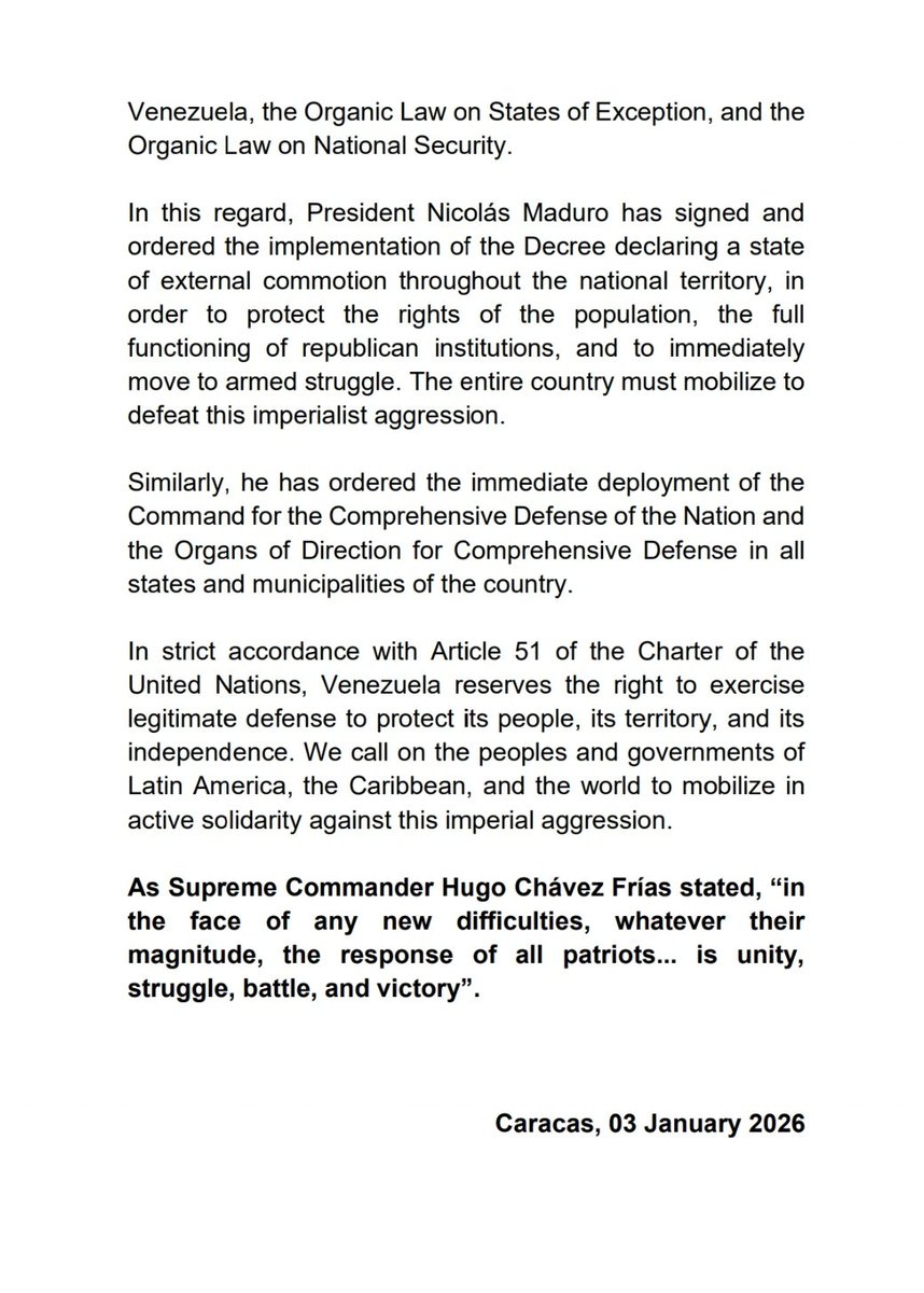The Bolivarian Republic of Venezuela rejects, repudiates and denounces before the international community the extremely serious military aggression perpetrated by the current government of the United States of America against Venezuelan territory and population in civilian and