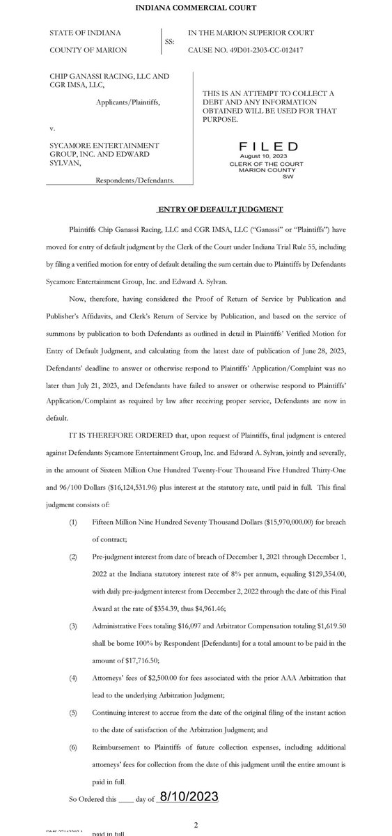 Segi_Lawsuits's tweet photo. Is crypto a way for Edward Sylvan to dodge judgments and pay his debts?

Judgements against $SEGI:

Chip Ganassi Racing
-Judgement: $16.1M+

Coresports
- Judgement/Writ of Execution - $2.5M+

Laura Anthony, Esq.
- Judgement - $32,000+

Unpaid Personal Taxes?
-$117,254.53+ https://t.co/TDrYNrQZyS