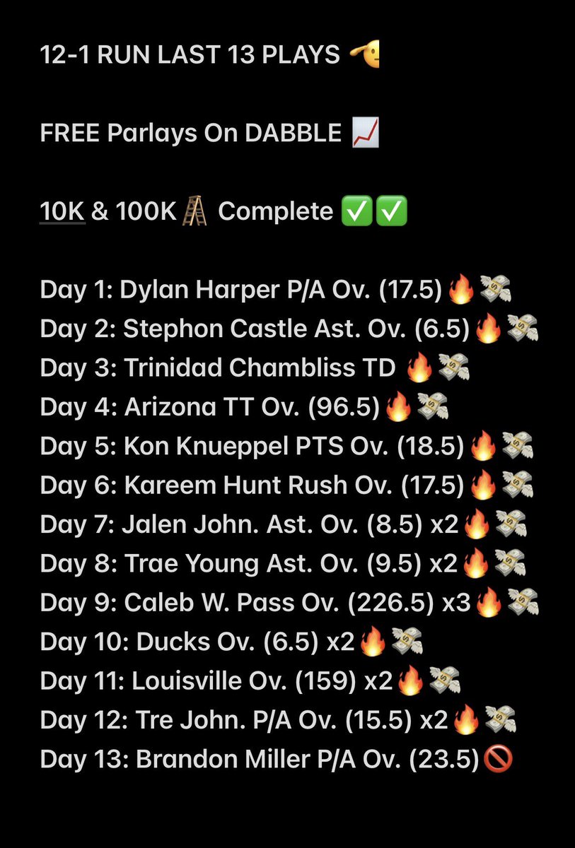 $100 To $1M CHALLENGE🚨🚨🚨

🪜DAY 14 LADDER🪜

$512,061 👉 $1,024,122 (+100)

1. LIKE &amp; RETWEET

2. COMMENT🪜

3. CHECK DM

👆Woulda Been For The Million🫡

Lost By .5 Yesterday 🙄

🚨SUB🚨

dubclub.win/r/p/pri-rq6hv/…

Code: Bdsportings 

FREE $25 DABBLE👆

#NHL SWEEP AGAIN ✅✅