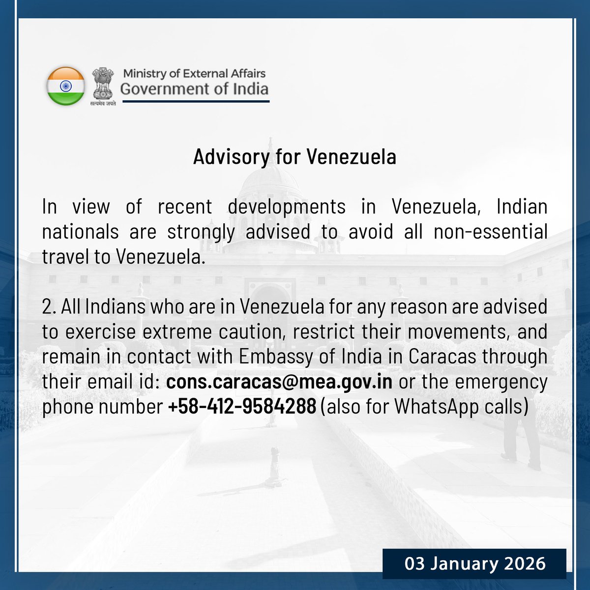 Advisory for Venezuela ⬇️
Ministry of External Affairs India.

🔗 bit.ly/4skeIU5